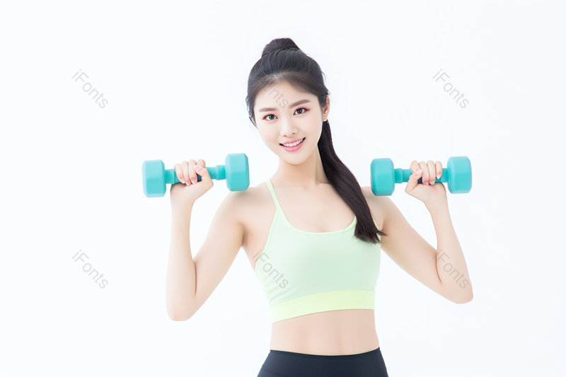 微笑的年轻女子哑铃锻炼,高清,摄影图,摄影图片,图片大全,摄影图免费下载